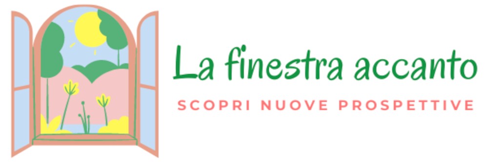Logo La finestra accanto &egrave; una finestra a colori pastello aperta su cielo azzurro sole e paesaggio stilizzati